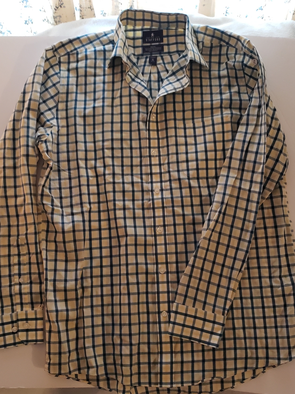 Stafford Men’s Beige and Navy Plaid Dress Shirt